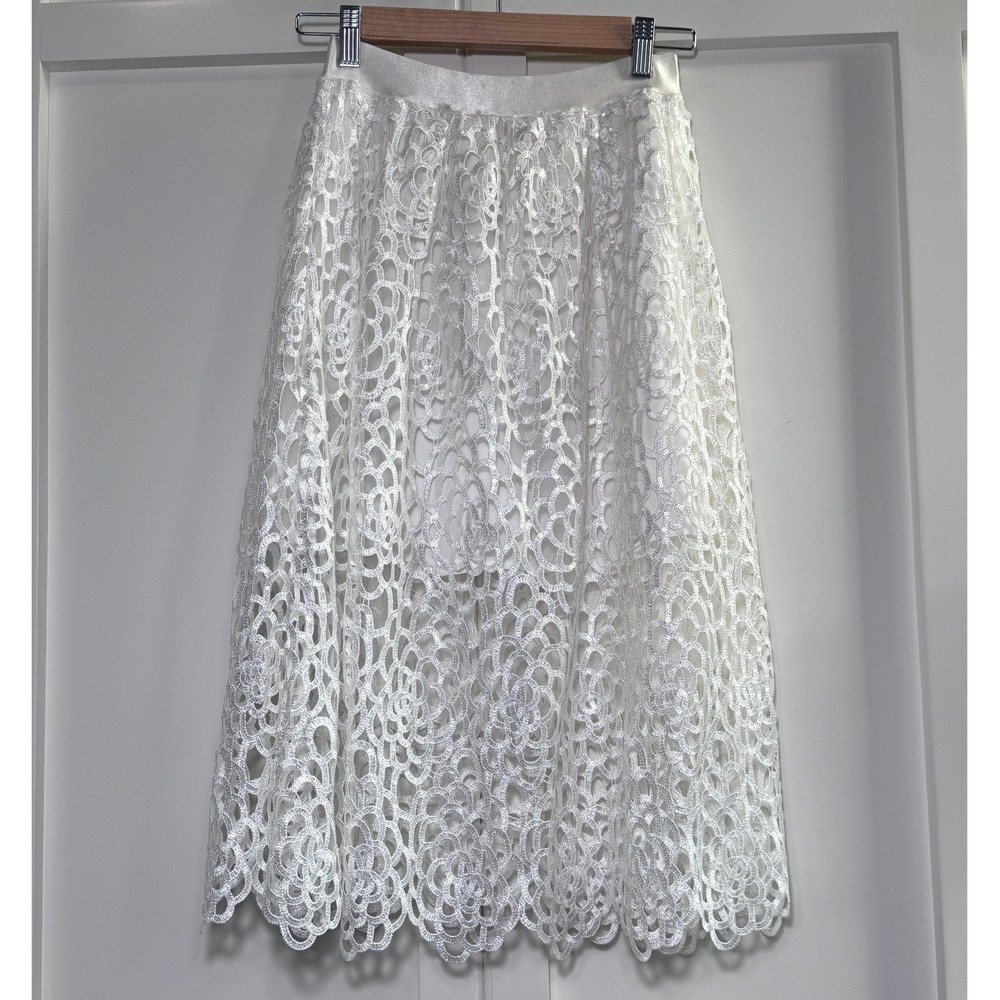 Bebe White Floral Lace Sequin Midi Skirt High Waist Sheer‎ Overlay Womens Small